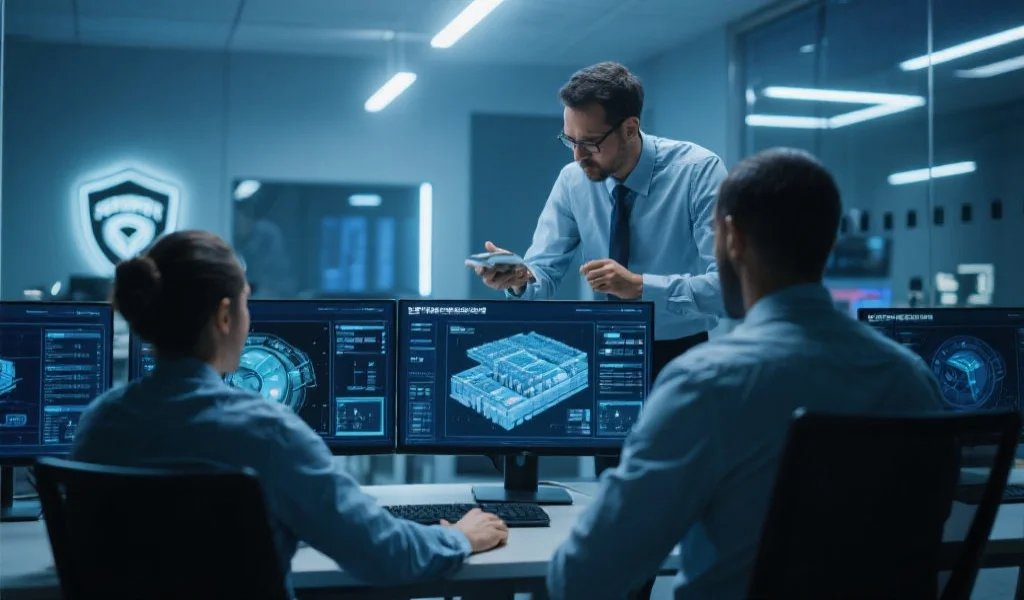 专业安全团队正在监控电脑屏幕，展示平台安全监控与技术升级的场景，办公室科技感十足