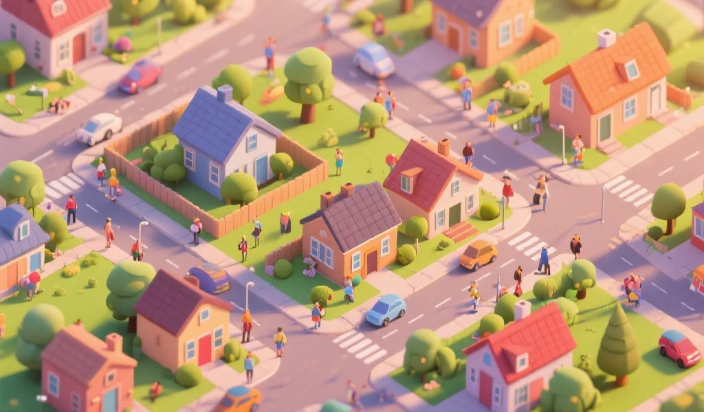 一幅色彩温暖、风格卡通的虚拟小镇俯视图,展示有房屋、绿地和繁忙的街道,营造出温馨的社区氛围