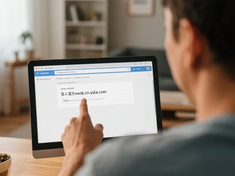 一位用户仔细核对浏览器地址栏中的网址，确保输入的是官方域名cn-yida.com，背景为家庭办公环境