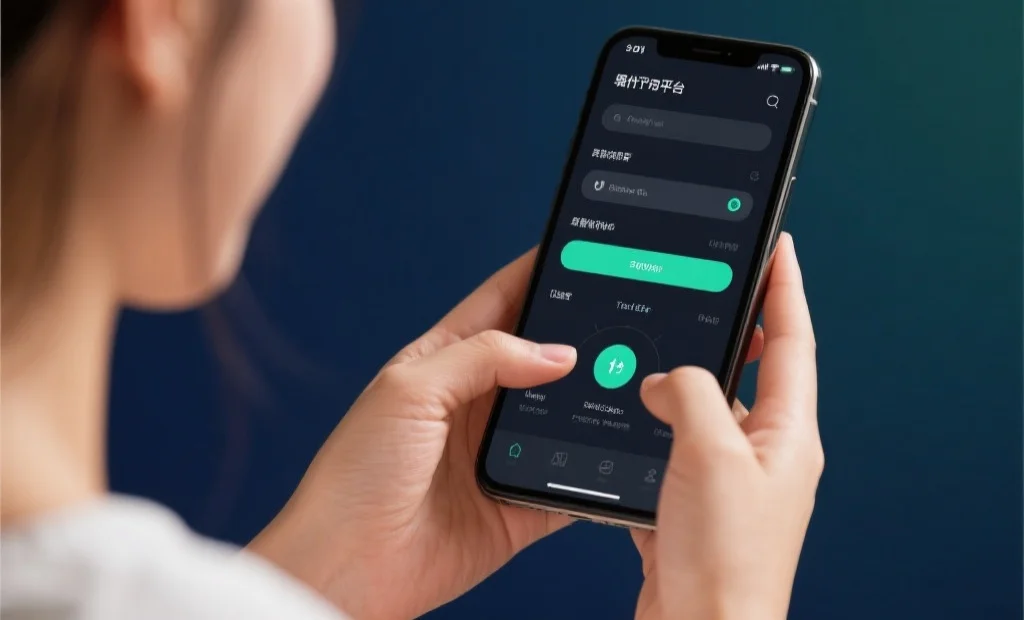 现代娱乐平台界面，展示清晰的导航栏和易于操作的功能按钮，用户手持移动设备正在愉快体验
