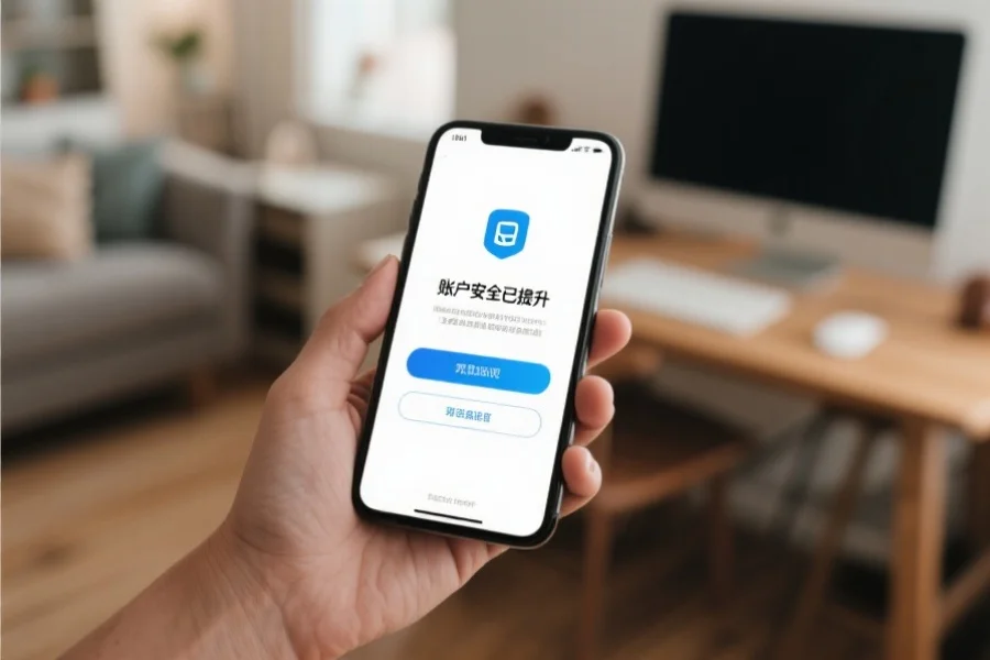 用户在手机上激活双重验证功能，屏幕显示“账户安全已提升”，环境为家庭办公桌